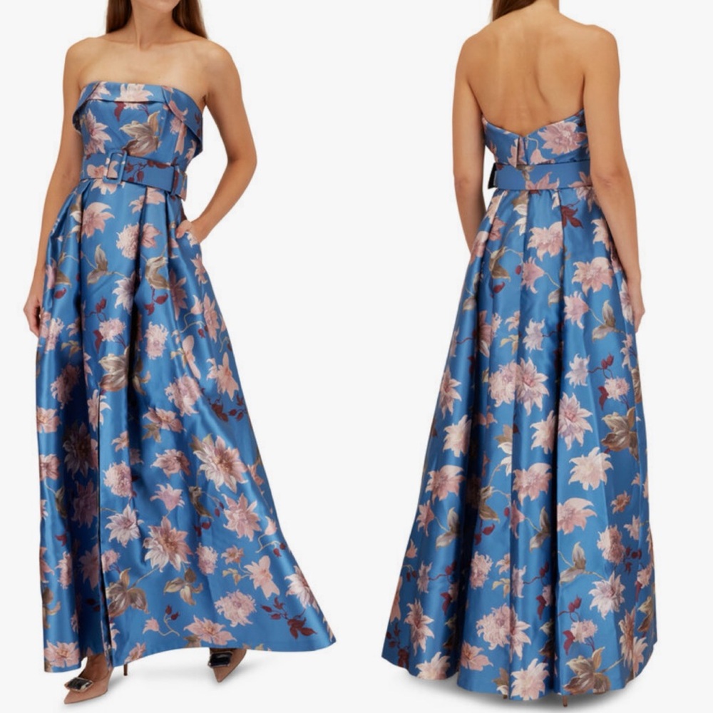Sachin + Babi Brielle Blue Floral Slate Dalia Formal Strapless Gown - Size 2